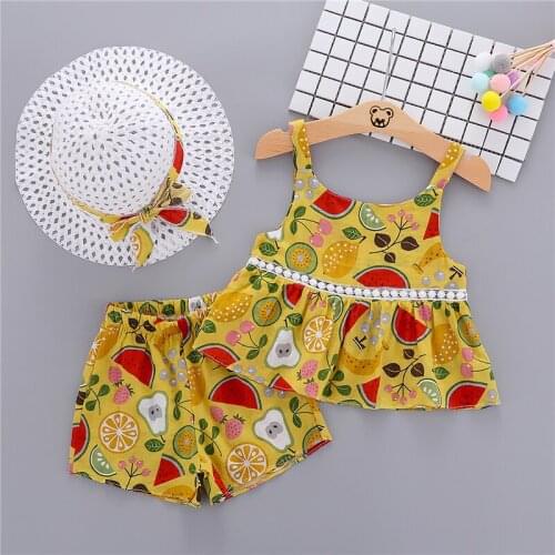 Infant Kids Baby Girls Suspender Vest T-Shirt top Shorts 2-Piece Set Sleeveless Summer Cool and thin Floral printing Set
