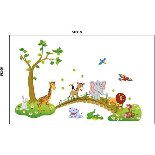 3D Cartoon Jungle Wild Animal Wall Stickers Tree Bridge Lion Giraffe Elephant PVC Sticker for Kids Bedroom Decor Home Decals