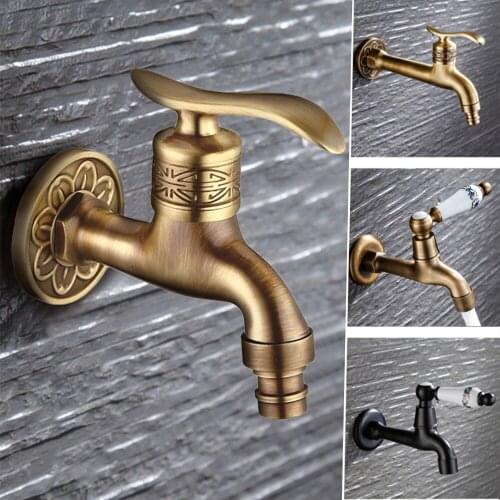 Antique Carved Bibcock Brass Retro Wall Mount Single Cold Tap Bathroom Sink Washing Machine Mop Faucet Decorative Outdoor Garden