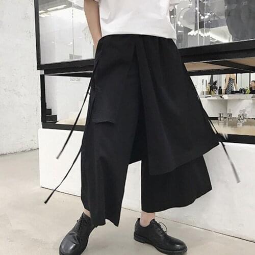 Summer Capris night club mens design loose Harlan wide leg fake two piece ribbon bandage pants