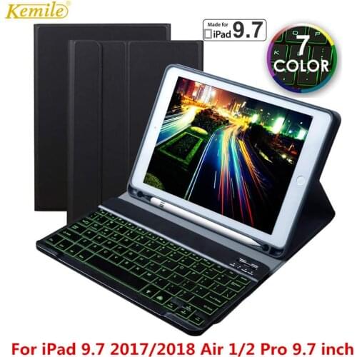 Kemile Case For iPad 2018 9.7 Air 2 9.7 Case W pencil holder Backlit Bluetooth keyboard Smart Stand Cover for iPad Pro 9.7 Case