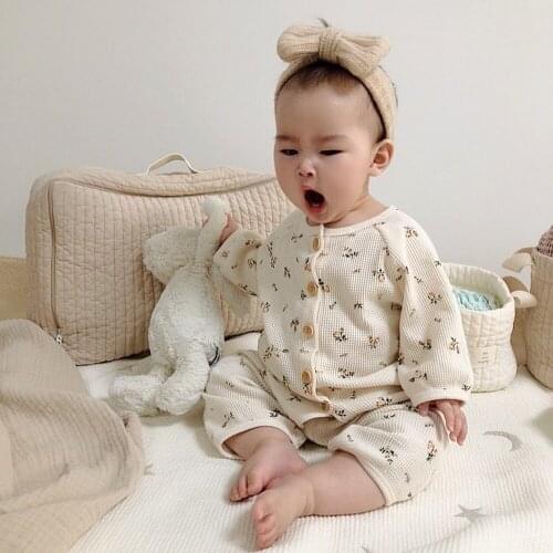 Baby Romper Floral Cotton with Hat Long Sleeve Korean Infant Newborn Girls Boys Bodysuit Sets Baby Clothing Shirt+Pant Pajamas