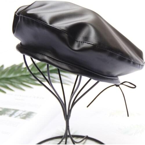 FUFAN026 Autumn Winter Girl Solid Artist Hat Pumpkin Hat Womens Adjustable Faux Leather Beret Cap Gorros