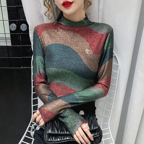 Fashion hit color print t shirt woman autumn long sleeve turtleneck plaid top femme t-shirts pullover shirt bright silk tops