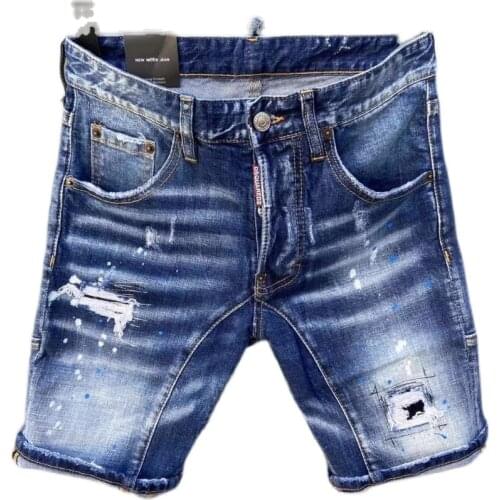 European American New Style Dsquared2 Mens Denim Shorts Fashion Slim Washed Hole Patch Embroidered Five-Point Pants