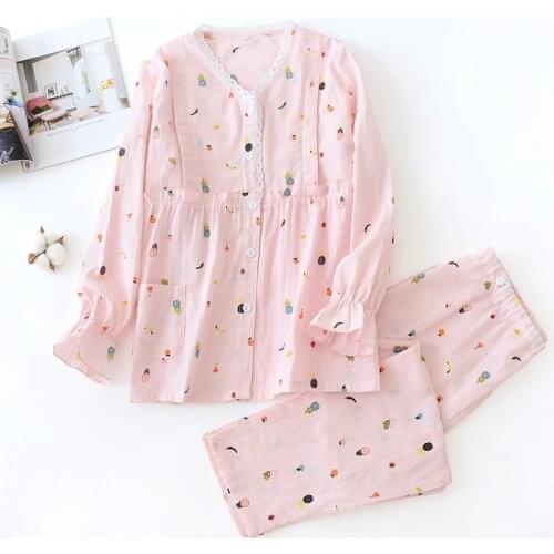 Fdfklak Pink Print Maternity Night Pajamas For Pregnant Nightwear Spring Autumn Long Sleeve Cotton Pajamas Nursing Sleepwear