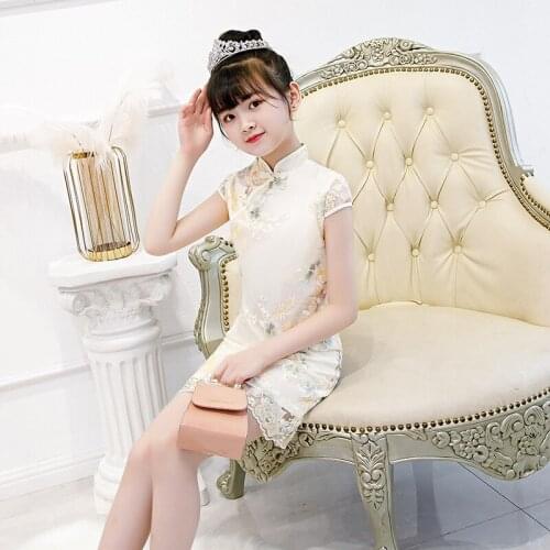 Girls Qipao Dress Princess Chinese Tradition Dress Teen Girls Cheongsam Dress Party Wedding Vestidos Girl Clothing Lace Dress