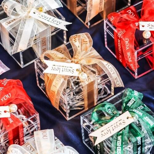 1pc Transparent Acrylic Candy Box With Ribbons Wedding Gifts For Guests Birthday Baby Shower Party Decoration Gifts Package Box