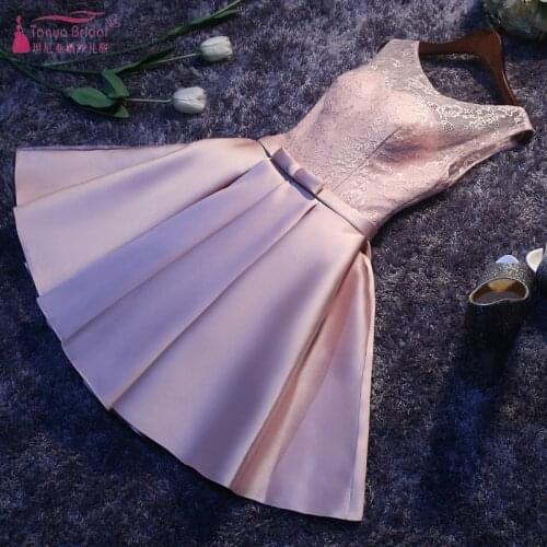 Pink Bridesmaid Dresses Lace Satin Short Knee Length Elegant Dress Women For Wedding Party Maid Of Honor Dresses JQ30