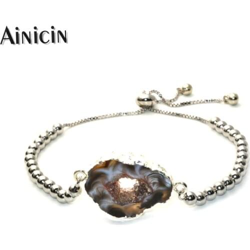Silver Plating Natural Black Hollow Out Drusy Crystal Copper Bead Chain Adjustable Bracelets For Men and Women Jewelry
