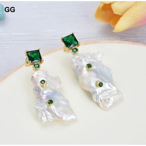 JK Natural Cultured White Baroque Keshi Pearl Green Cz Rhinestone Stud Earrings