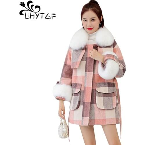 UHYTGF Quality wool coat Fur collar warm winter jacket women Fashion plaid elegant student autumn coats plus size outerwear 1166