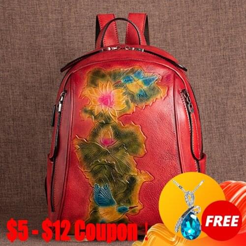 CGA 2021 New Vintage Genuine Leather Bags For Women Floral Softback Zipper Bag Hasp Flap Pocket Soft Handle Embossing Backpack