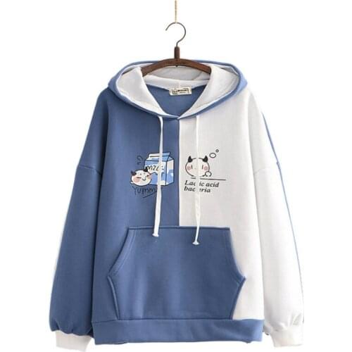 Fleece plus velvet women hoodies and sweatshirt cartoon cat print patchwork cute hooded pullover for sweet style cute Tracksuits