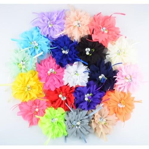 Yundfly 3pcs Artificial Hot Bowknot Chiffon Rolled Rosette Flower With Pearls Rhinestone Solid Fabric Flowers For Baby Headbands