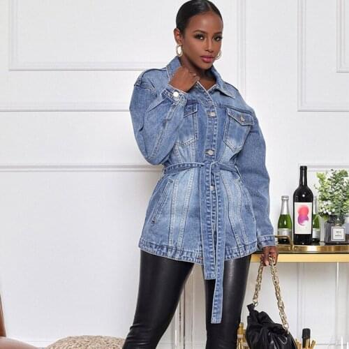 Women Mid Length Denim Jacket Coat Casual Windbreaker Fashionable New Loose Womens Belt Jeans Jacket