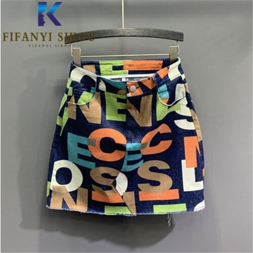 High waist Denim Skirt Women 2021 Summer New Fashion Letter Print Mini Skirt Female Streetwear Loose Casual A-Line Jeans Skirts