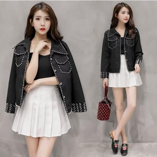 2018 Spring Autumn temperament Beading Black Tweed Jacket Coat Women Slim elegant jackets Ladies Fashion Overcoat Casual Coat