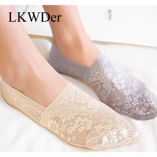 LKWDer Summer Womens Girls Silica Gel Lace Boat Socks Invisible Cotton Sole Non-slip Antiskid Slippers Anti-Slip Sock 1pair=2pcs