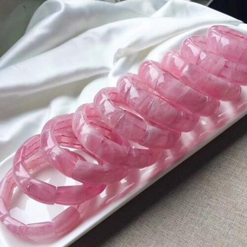 Natural Rose Quartz Pink Bracelet From Madagascar Stretch Woman Men 15x10mm Clear Rectangle Beads Crystal Bangle AAAAA