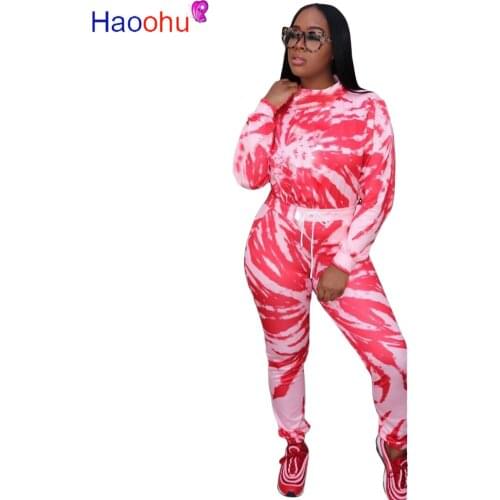 HAOOHU Tie Dye Print Plus Size Two Piece Set Women Tracksuit Long Sleeve Top and Pants 2 Pcs Matching Sets Lounge Wear Outfits