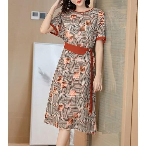 2021 Women Print Mulberry Silk Short Sleeve Vintage Midi Dress Summer Casual 3XL Plus Size Loose Dresses Elegant Party Vestidos