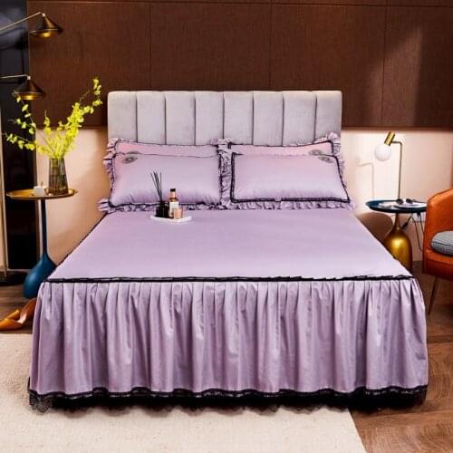 2020 new products Fine silk cotton Bed spread Fitted Sheet Pillowcases 2/3 pcs Solid color Luxury pleated lace Princess bedding