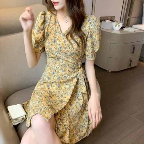 2021 Summer Dress Women Print V-neck Belt Cotton Dresses for Women Sweet French Slim Fit A-line Short Sleeve New Vestido 15205