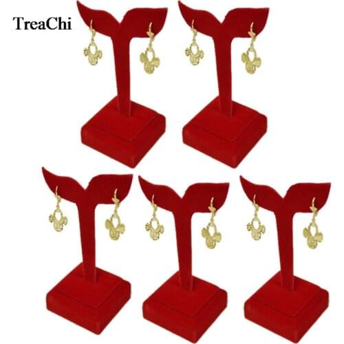 5Pcs/Lot Red Velvet Jewelry Display Rack Fashion Tree Shape Wooden Earring Stud Organizer Storage Exhibition Stand 5*5*12cm
