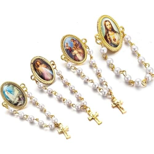 5 pcs/lot New pearl beads pendant brooches for women Jesus christian virgin mary cross long lapel pin broches jewelry stochastic