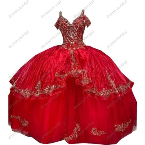 Modest Red Boho Ball Gown Quinceanera Prom Formal Dresses Gold Lace Embroidered Puffy Skirt with Sleeves Mexican XV Sweet 15 16