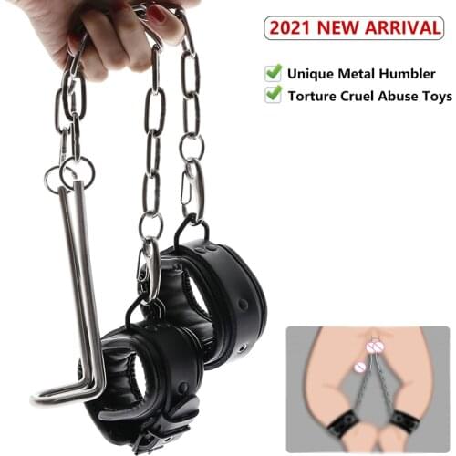 BDSM Toys Metal Humbler Ball Stretcher for Male with Leather Ankle Cuffs Pulling Weight Torture Cruel Abuse Sex Game for Men