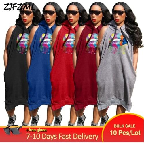 Bulk Items Wholesale Lots Womens Hoodie Sweatshirt Hip Hop Style Drawstring Hooded Sleeveless Oversized Loose Pullover Dress