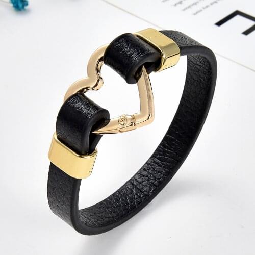 2021 Trendy Heart Shape Spring Clasp Women Bracelet Gold Metal Black Leather Bracelets Girl Fashion Jewelry Wholesale