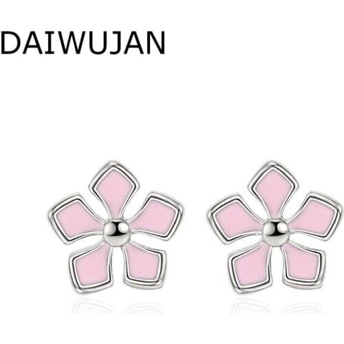 DAIWUJAN New Sweet Pink Cherry Stud Earrings For Women Girls Glaze Sakura 925 Silver Earrings Party Wedding Accessories Brincos
