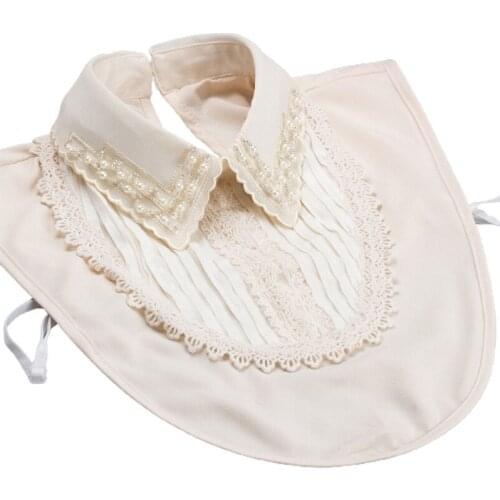 Women Vintage Elegant Layered Chiffon False Fake Collar Lace Patchwork Imitation Pearl Beaded Lapel Half Shirt Blouse Detachabl