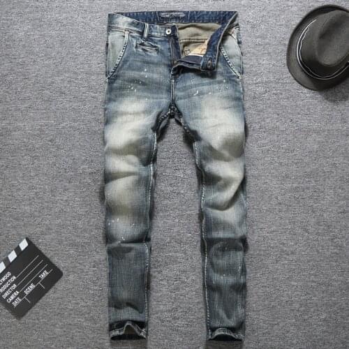 European Vintage Fashion Men Jeans High Quality Elastic Slim Fit Painted Designer Jeans Men Streetwear Casual Cotton Denim Pants