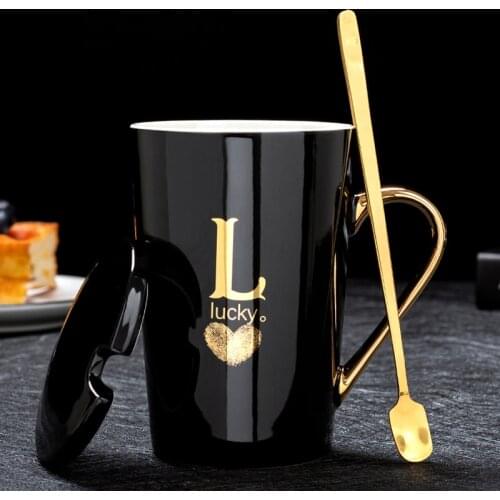 Classic Black New Bone China Letter Mug Gold Tracing Handle Personalized Mug 420ml Gift Box Coffee Mug Couple Gift Ceramic Mug