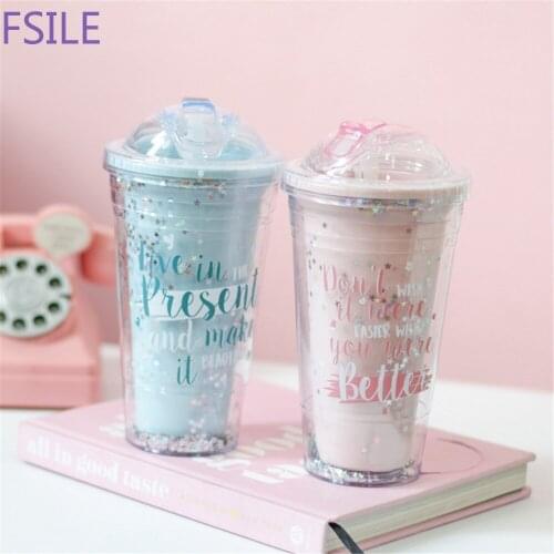 Coffee Mugs Creative Sequin Star BPA Free Plastic Water Bottle With Straw Travel Portable Tea Milk Insulated Cup Drinkware 420ML