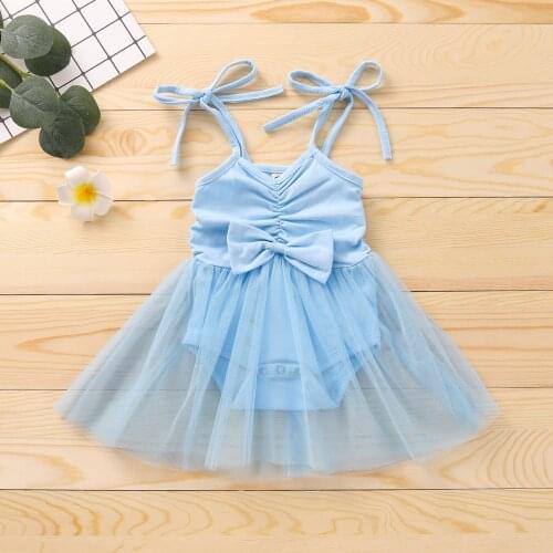 Kid Camisole Romper Dress with Bow Decoration Mesh Stitching Sweet Style Summer Clothing Outfit Baby Girl Clothes 0-24M