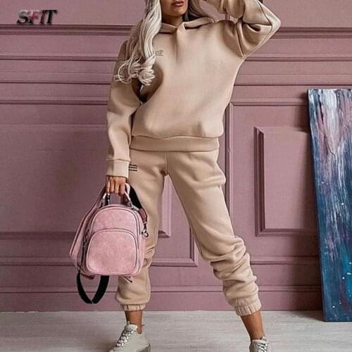 Two Piece Casual Fleece Tracksuit Womens Sets Oversized Hooded Long Sleeve Women Hoodie Suit Winter Solid Sport Pants Lady Set