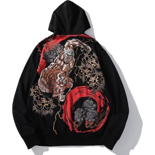 Hip Hop Hoodie Jacket Mens Streetwear Strong Man Beat Tiger Embroidery Japanese Harajuku Jacket Coat Outwear Autumn Zipper Coats