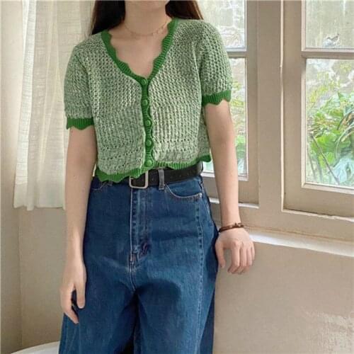 Fashion Girl Summer Knitted Shirt Slim Short Cropped Cardigan Crochet Women Summer Short Sleeve V-neck Blouse Midriff