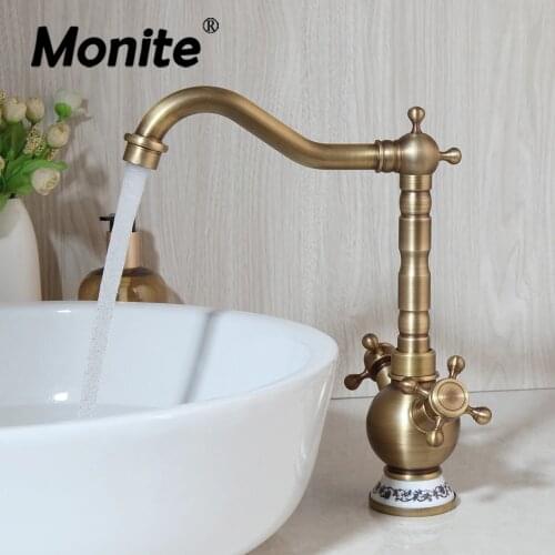 Monite Retro Antique Brass Swivel Bathroom Basin Faucet Deck Mounted 2 Handles Kitchen Sink Faucets Mixer Taps Wash Basin Tap