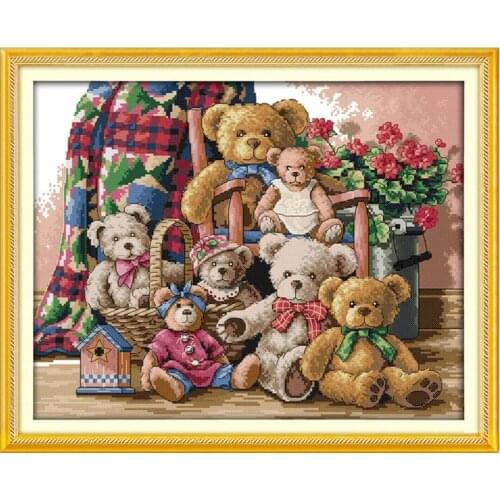 Bear Family Cartoon Printed Cross Stitch Kits Count Embroidery Needlework Sets DIY Handmade Needlework Home Decoration Paintings