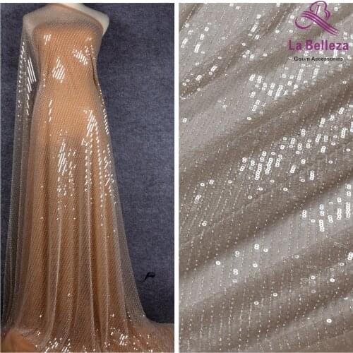 La Belleza 2019 New gray simple line, Light pink beaded lace fabric beads with sequins wedding gown dress lace fabric 1 yard