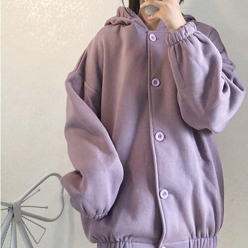 Autumn Winter New Womens Fashion Casual Loose Zip-Up Hoodies Plus Size Korean Style Top Hooded Button Long Sleeve Tops