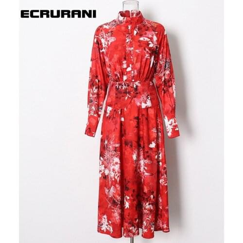 ECRURANI Print Vintage Dress For Women Stand Collar Lantern Long Sleeve High Waist Lace Up Hit Color Dresses Female 2021 Stylish