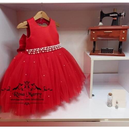 Red Pearls Flower Girls Dresses for Weddings 2021 vestido de festa Toddlers Pageant First Communion Prom Birthday Pary Gowns