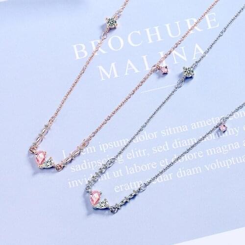 Lovely Pink Zirconia Heart Pendant Necklaces Rose Gold/Silver Color Chain Female Choker Fashion Wedding Jewelry Gift For Women